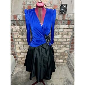 formal dress Vintage sequins ruched bodice swing skirt blue black